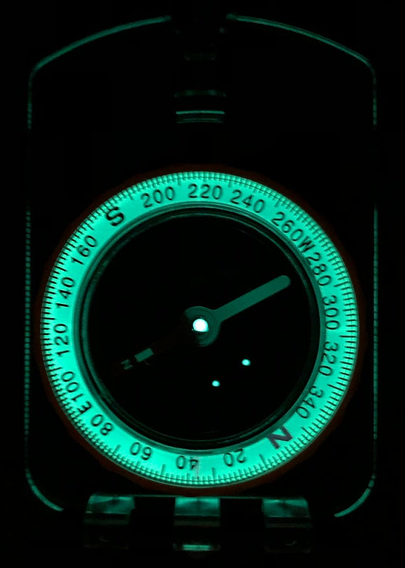 MC20 Sighting Mirror Compass - glowing at night
